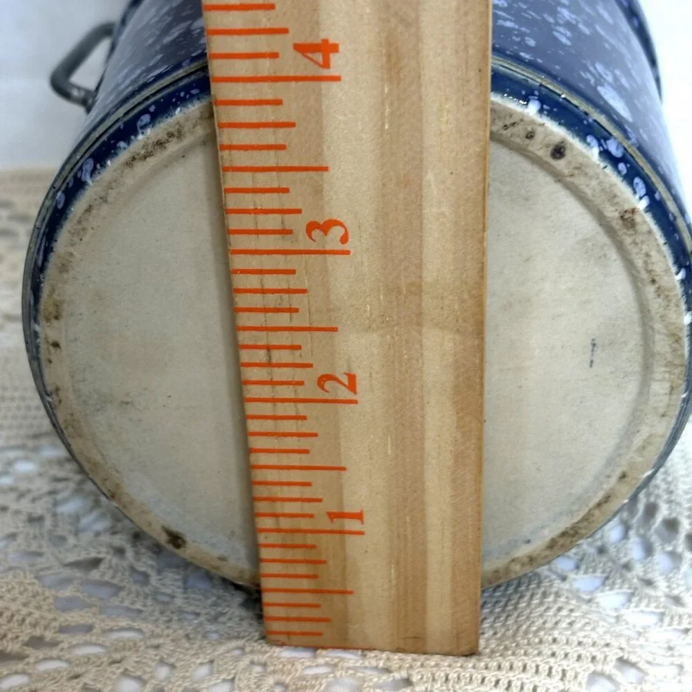 * Stoneware Cheese Butter Crock Jar wire Bail Lid Speckled Cobalt Blue Vintage